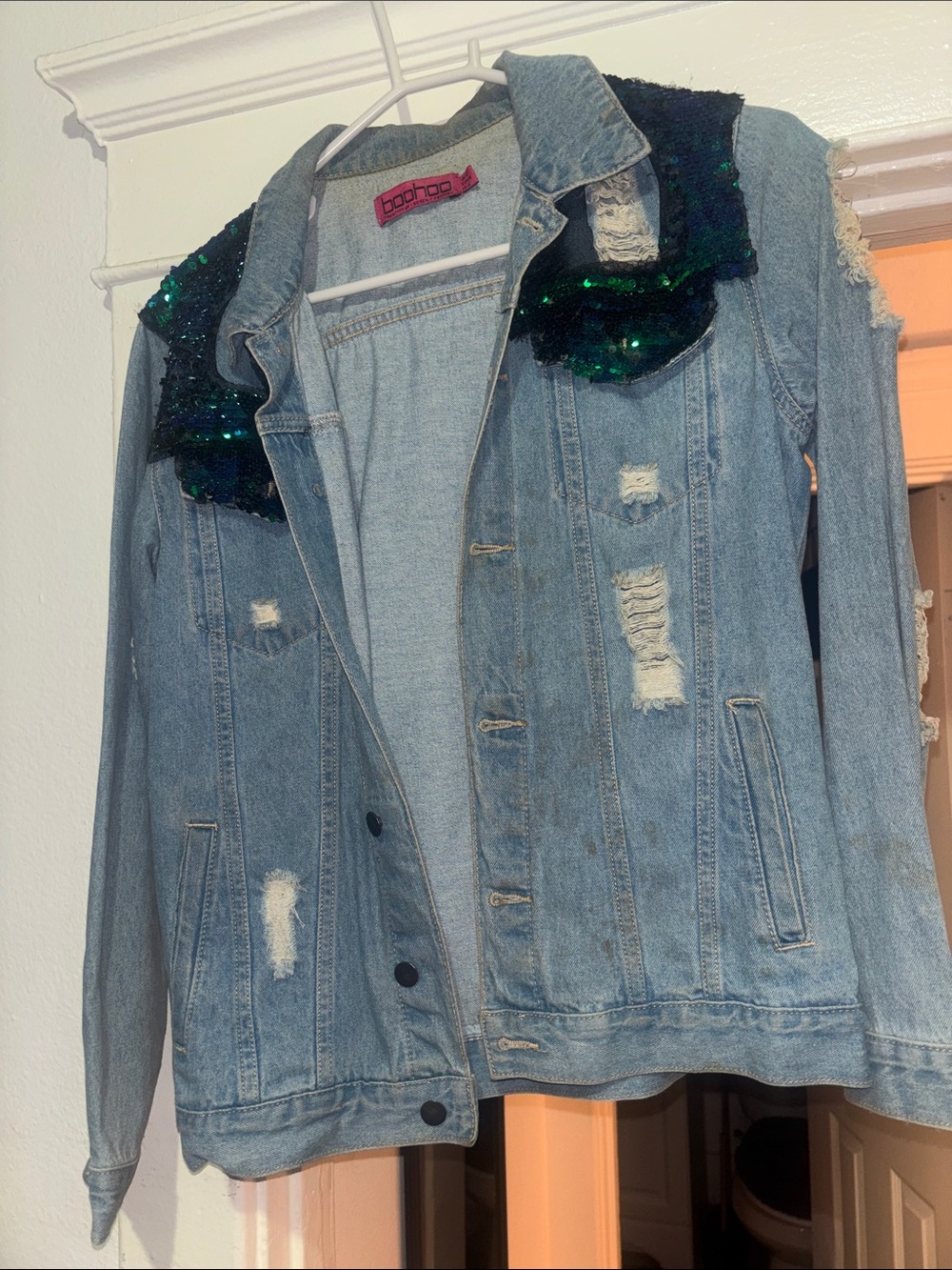 Light Wash Denim Jacket with Green Sequin Collar